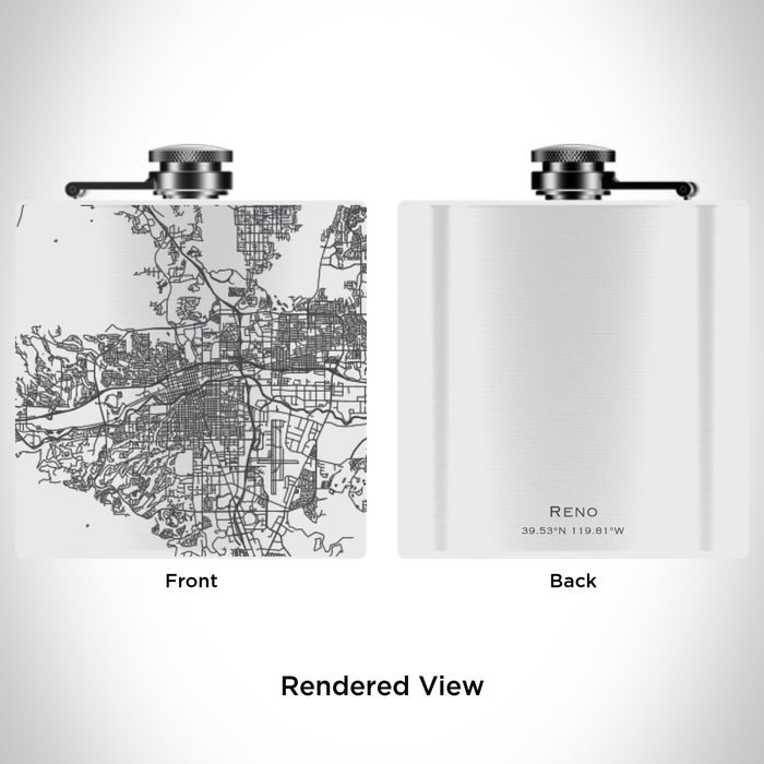 Rendered View of Reno Nevada Map Engraving on 6oz Stainless Steel Flask in White