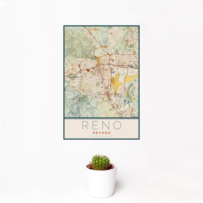 12x18 Reno Nevada Map Print Portrait Orientation in Woodblock Style With Small Cactus Plant in White Planter