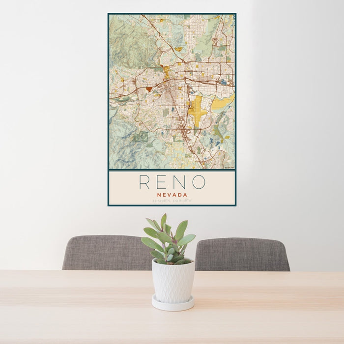 24x36 Reno Nevada Map Print Portrait Orientation in Woodblock Style Behind 2 Chairs Table and Potted Plant