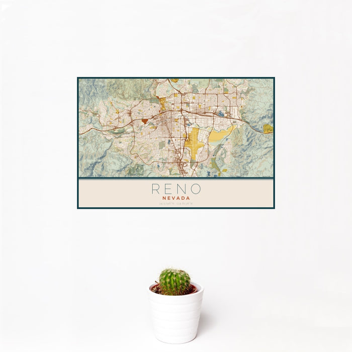 12x18 Reno Nevada Map Print Landscape Orientation in Woodblock Style With Small Cactus Plant in White Planter