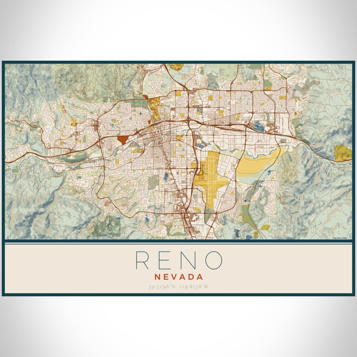 Reno Nevada Map Print Landscape Orientation in Woodblock Style With Shaded Background