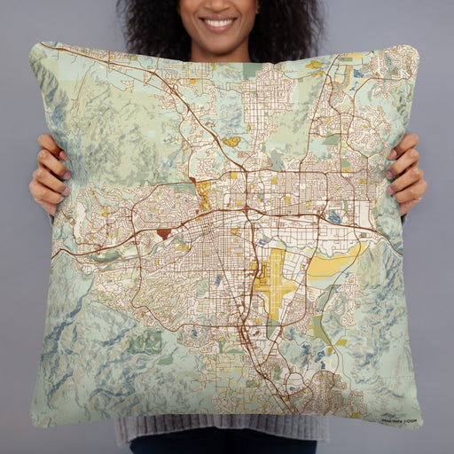 Person holding 22x22 Custom Reno Nevada Map Throw Pillow in Woodblock