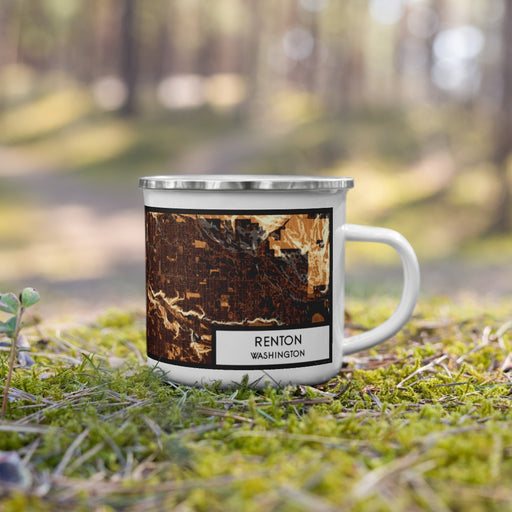 Right View Custom Renton Washington Map Enamel Mug in Ember on Grass With Trees in Background