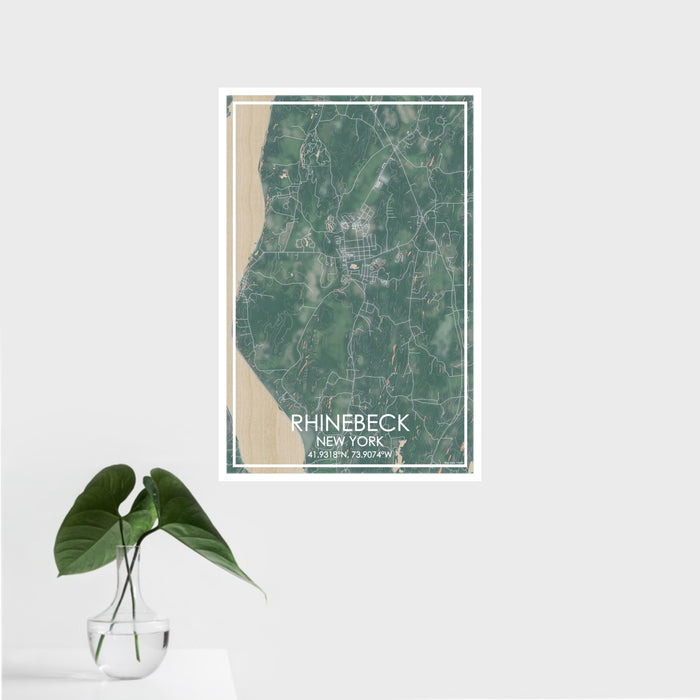 16x24 Rhinebeck New York Map Print Portrait Orientation in Afternoon Style With Tropical Plant Leaves in Water