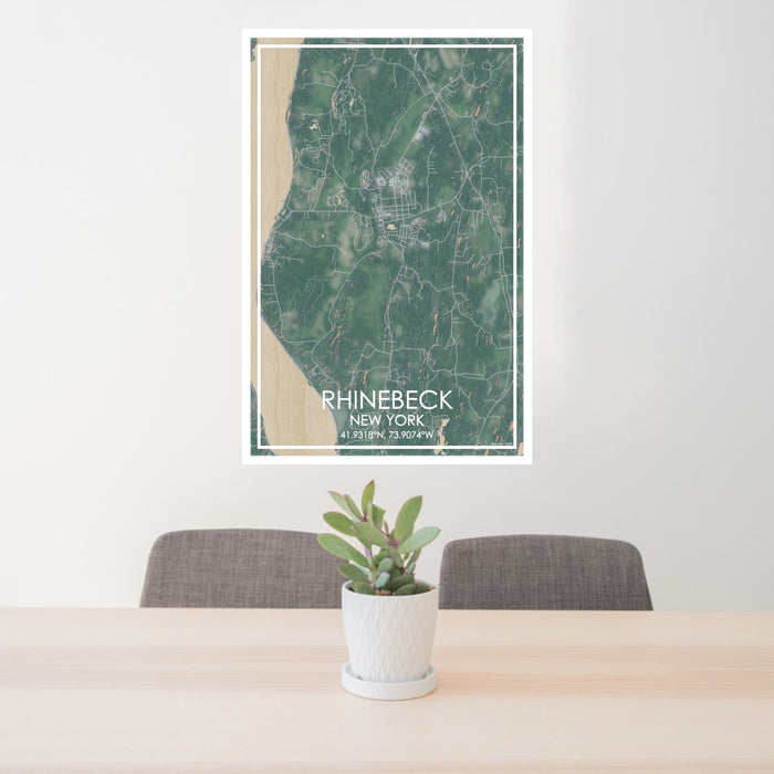 24x36 Rhinebeck New York Map Print Portrait Orientation in Afternoon Style Behind 2 Chairs Table and Potted Plant