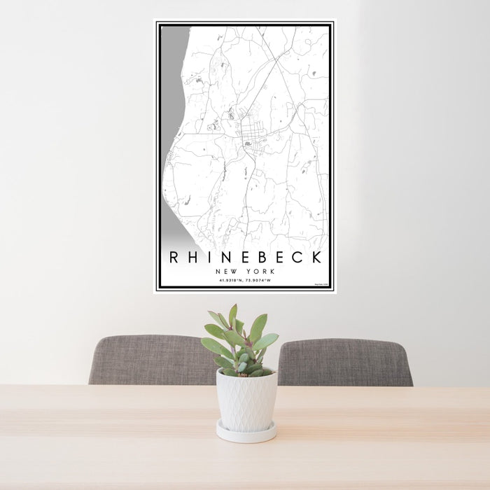 24x36 Rhinebeck New York Map Print Portrait Orientation in Classic Style Behind 2 Chairs Table and Potted Plant