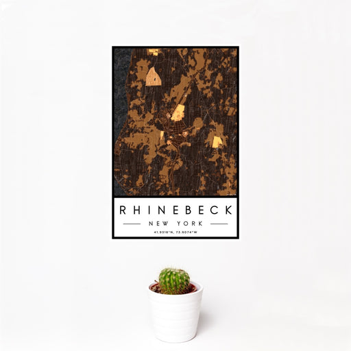 12x18 Rhinebeck New York Map Print Portrait Orientation in Ember Style With Small Cactus Plant in White Planter