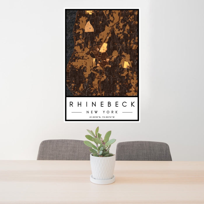 24x36 Rhinebeck New York Map Print Portrait Orientation in Ember Style Behind 2 Chairs Table and Potted Plant