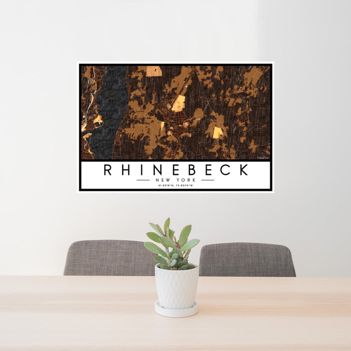 24x36 Rhinebeck New York Map Print Landscape Orientation in Ember Style Behind 2 Chairs Table and Potted Plant