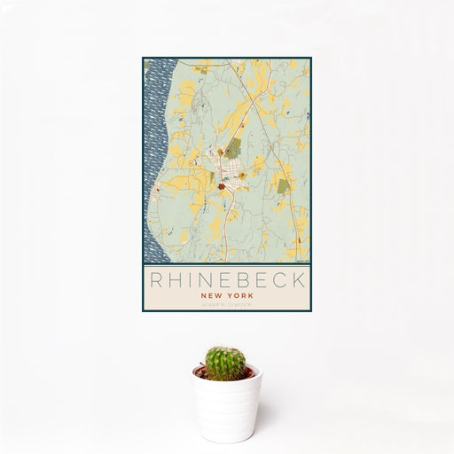 12x18 Rhinebeck New York Map Print Portrait Orientation in Woodblock Style With Small Cactus Plant in White Planter