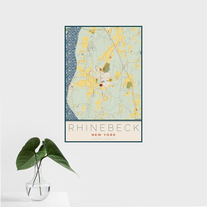 16x24 Rhinebeck New York Map Print Portrait Orientation in Woodblock Style With Tropical Plant Leaves in Water