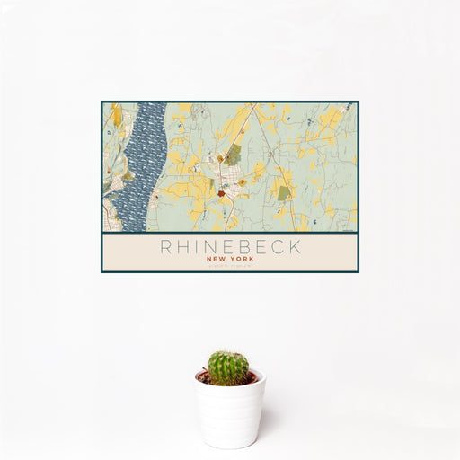 12x18 Rhinebeck New York Map Print Landscape Orientation in Woodblock Style With Small Cactus Plant in White Planter