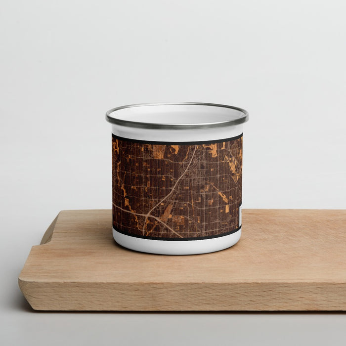 Front View Custom Richardson Texas Map Enamel Mug in Ember on Cutting Board