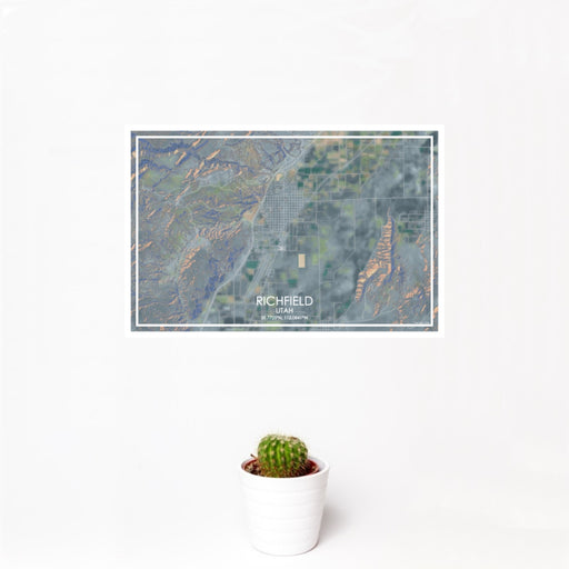 12x18 Richfield Utah Map Print Landscape Orientation in Afternoon Style With Small Cactus Plant in White Planter