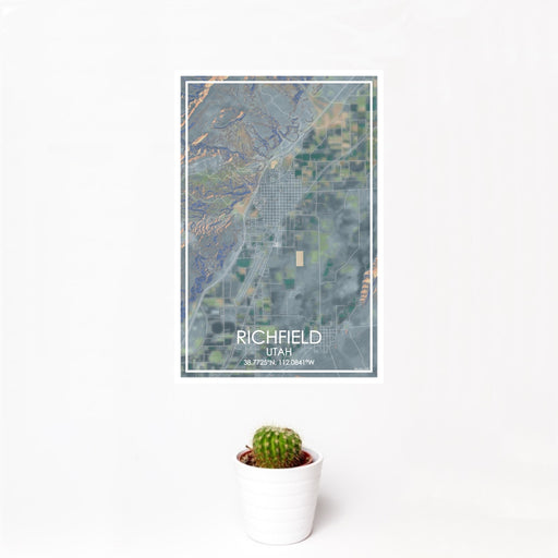 12x18 Richfield Utah Map Print Portrait Orientation in Afternoon Style With Small Cactus Plant in White Planter