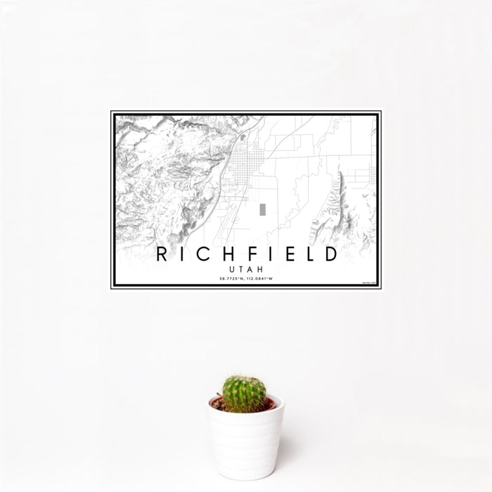 12x18 Richfield Utah Map Print Landscape Orientation in Classic Style With Small Cactus Plant in White Planter