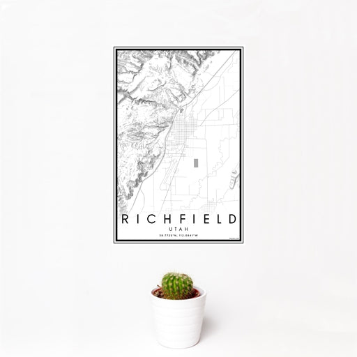 12x18 Richfield Utah Map Print Portrait Orientation in Classic Style With Small Cactus Plant in White Planter