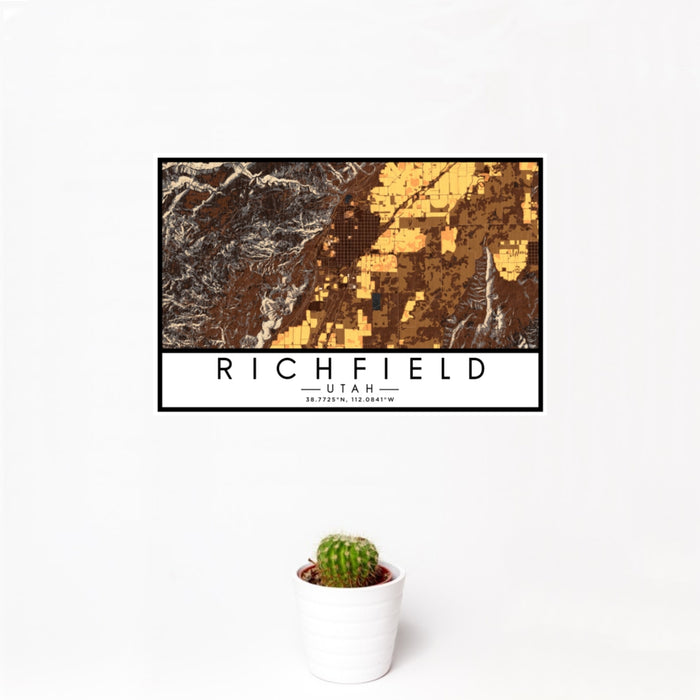 12x18 Richfield Utah Map Print Landscape Orientation in Ember Style With Small Cactus Plant in White Planter