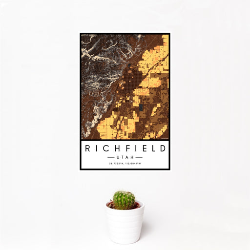 12x18 Richfield Utah Map Print Portrait Orientation in Ember Style With Small Cactus Plant in White Planter