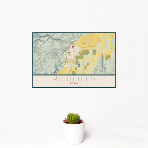 12x18 Richfield Utah Map Print Landscape Orientation in Woodblock Style With Small Cactus Plant in White Planter