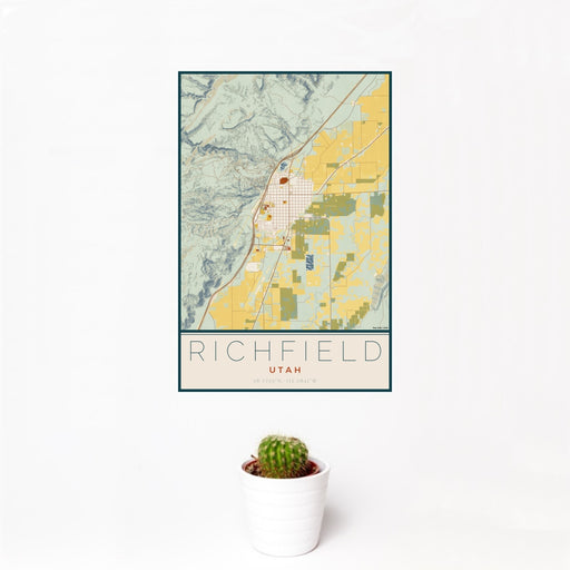 12x18 Richfield Utah Map Print Portrait Orientation in Woodblock Style With Small Cactus Plant in White Planter