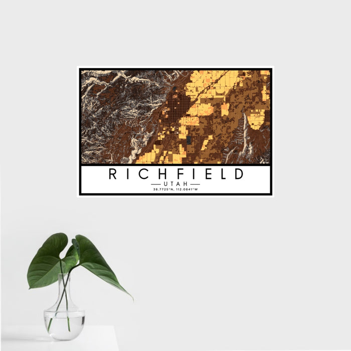 16x24 Richfield Utah Map Print Landscape Orientation in Ember Style With Tropical Plant Leaves in Water
