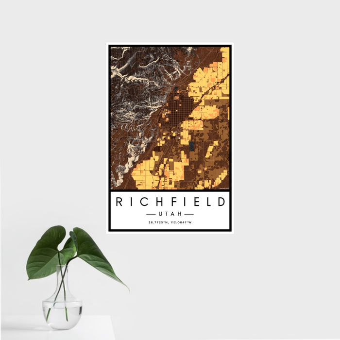 16x24 Richfield Utah Map Print Portrait Orientation in Ember Style With Tropical Plant Leaves in Water