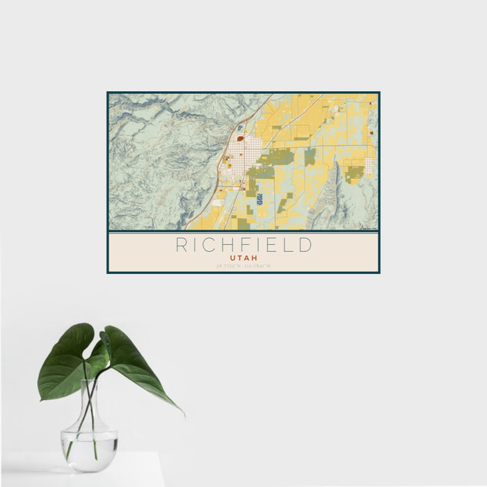 16x24 Richfield Utah Map Print Landscape Orientation in Woodblock Style With Tropical Plant Leaves in Water