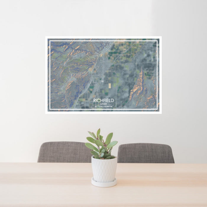 24x36 Richfield Utah Map Print Lanscape Orientation in Afternoon Style Behind 2 Chairs Table and Potted Plant