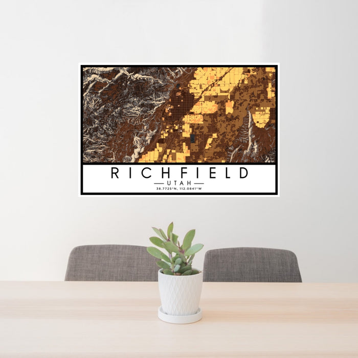 24x36 Richfield Utah Map Print Lanscape Orientation in Ember Style Behind 2 Chairs Table and Potted Plant