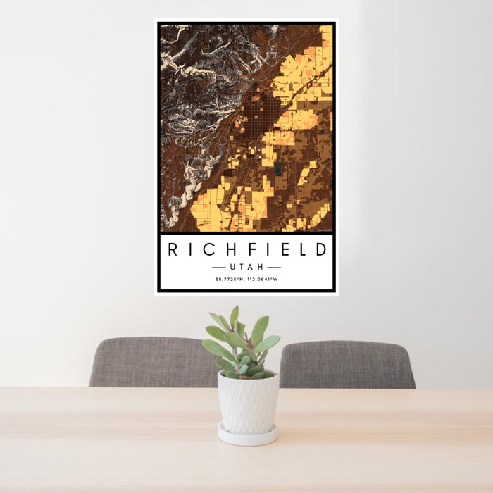 24x36 Richfield Utah Map Print Portrait Orientation in Ember Style Behind 2 Chairs Table and Potted Plant