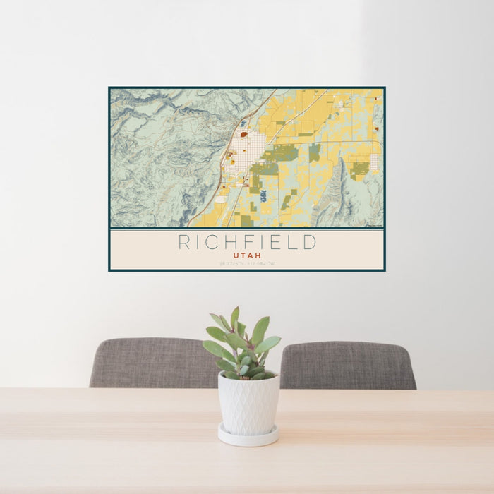24x36 Richfield Utah Map Print Lanscape Orientation in Woodblock Style Behind 2 Chairs Table and Potted Plant