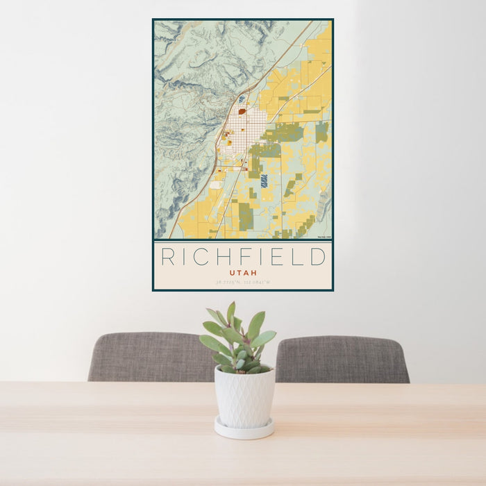 24x36 Richfield Utah Map Print Portrait Orientation in Woodblock Style Behind 2 Chairs Table and Potted Plant