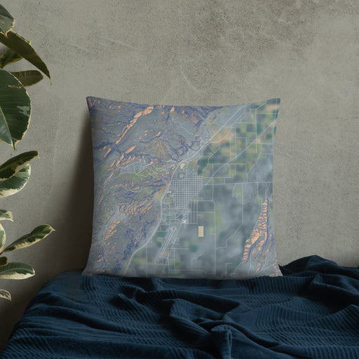 Custom Richfield Utah Map Throw Pillow in Afternoon on Bedding Against Wall
