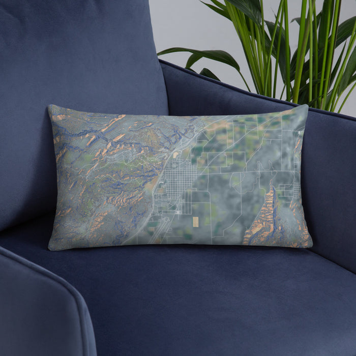 Custom Richfield Utah Map Throw Pillow in Afternoon on Blue Colored Chair