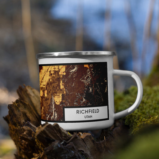 Right View Custom Richfield Utah Map Enamel Mug in Ember on Grass With Trees in Background