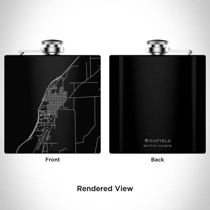 Rendered View of Richfield Utah Map Engraving on 6oz Stainless Steel Flask in Black