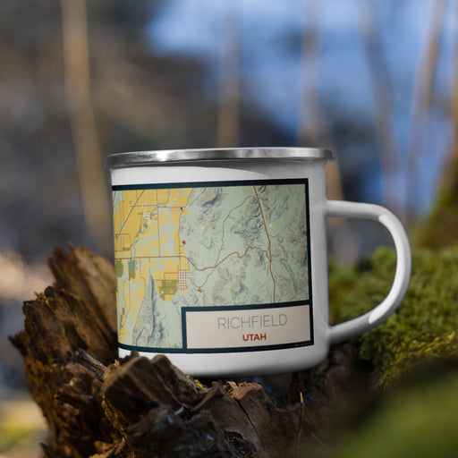 Right View Custom Richfield Utah Map Enamel Mug in Woodblock on Grass With Trees in Background