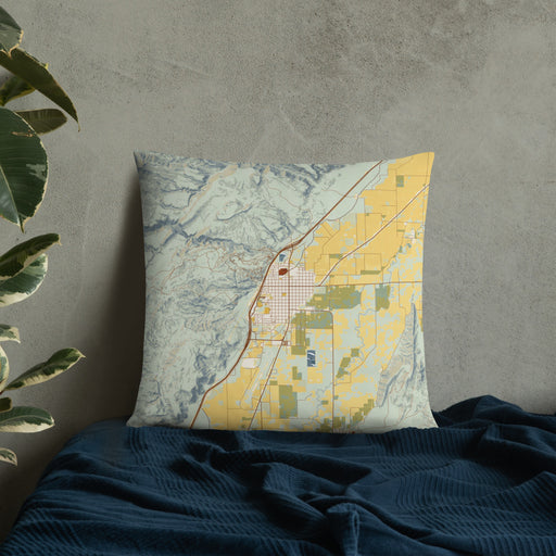 Custom Richfield Utah Map Throw Pillow in Woodblock on Bedding Against Wall