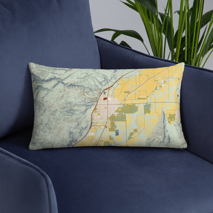 Custom Richfield Utah Map Throw Pillow in Woodblock on Blue Colored Chair