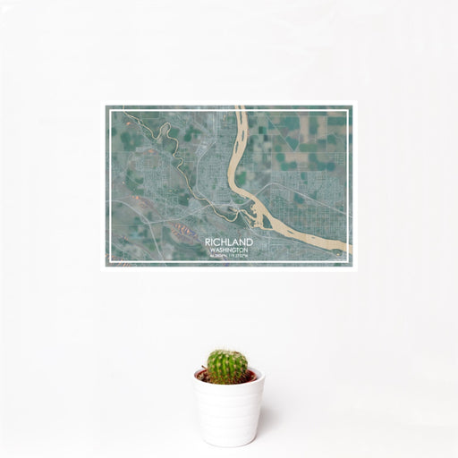 12x18 Richland Washington Map Print Landscape Orientation in Afternoon Style With Small Cactus Plant in White Planter