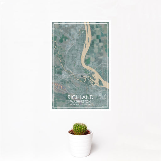 12x18 Richland Washington Map Print Portrait Orientation in Afternoon Style With Small Cactus Plant in White Planter