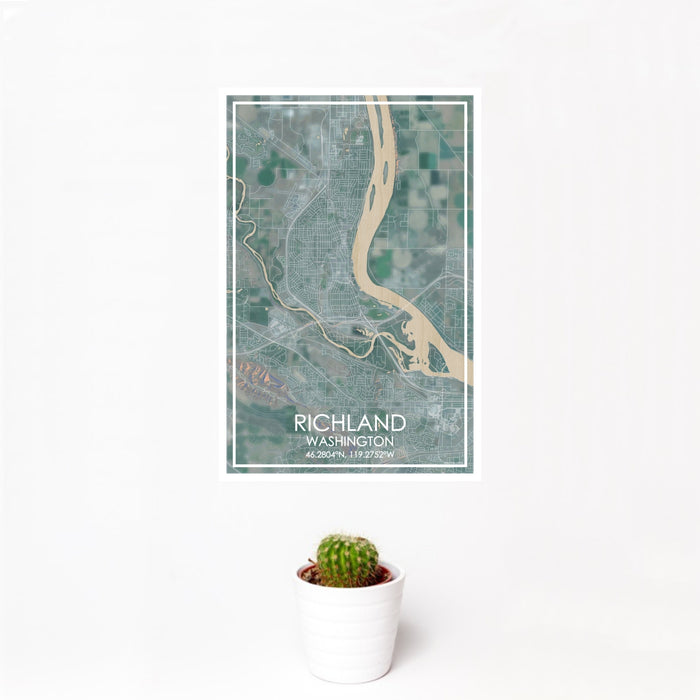 12x18 Richland Washington Map Print Portrait Orientation in Afternoon Style With Small Cactus Plant in White Planter