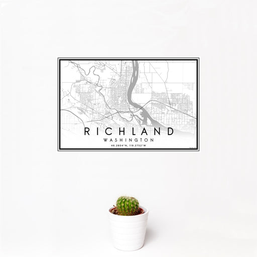 12x18 Richland Washington Map Print Landscape Orientation in Classic Style With Small Cactus Plant in White Planter