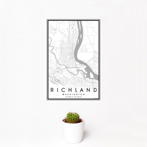 12x18 Richland Washington Map Print Portrait Orientation in Classic Style With Small Cactus Plant in White Planter