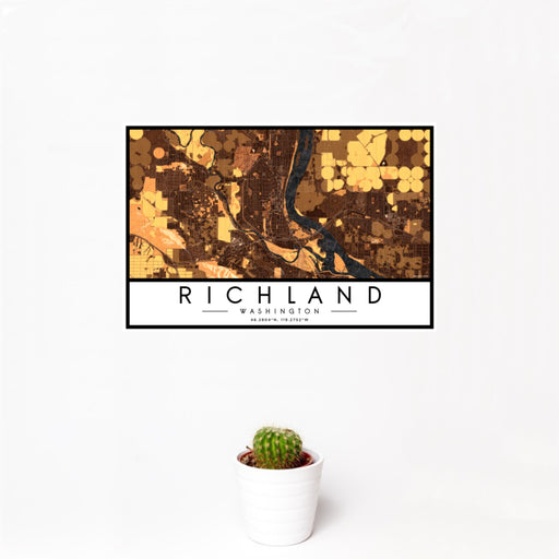 12x18 Richland Washington Map Print Landscape Orientation in Ember Style With Small Cactus Plant in White Planter