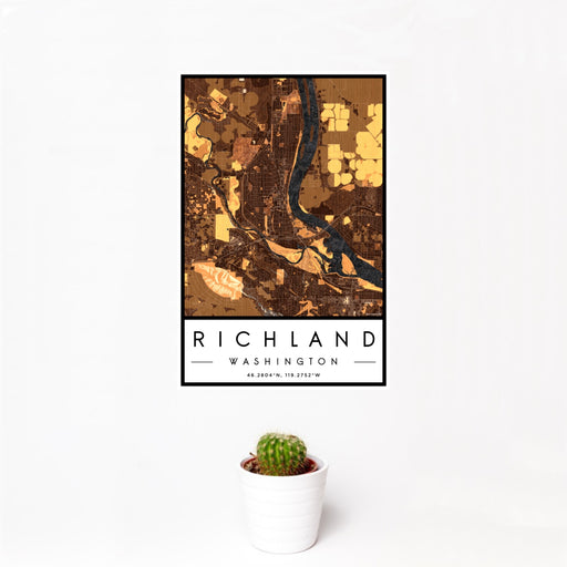 12x18 Richland Washington Map Print Portrait Orientation in Ember Style With Small Cactus Plant in White Planter