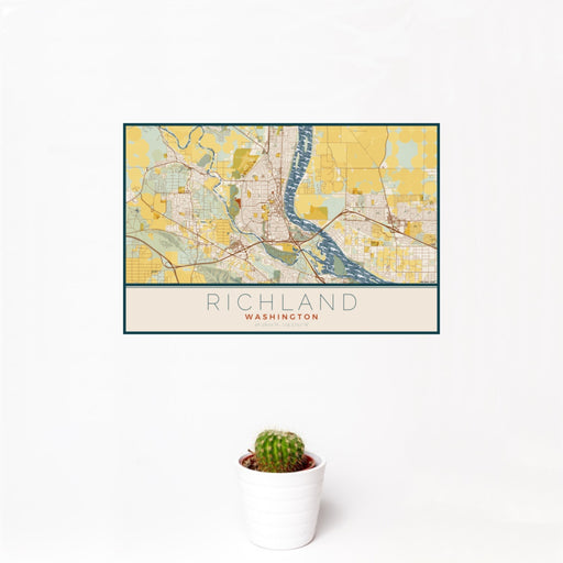 12x18 Richland Washington Map Print Landscape Orientation in Woodblock Style With Small Cactus Plant in White Planter