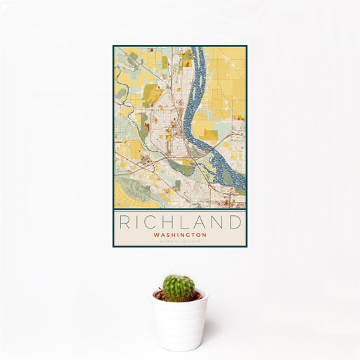 12x18 Richland Washington Map Print Portrait Orientation in Woodblock Style With Small Cactus Plant in White Planter