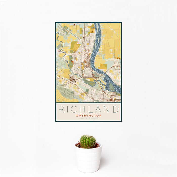 12x18 Richland Washington Map Print Portrait Orientation in Woodblock Style With Small Cactus Plant in White Planter